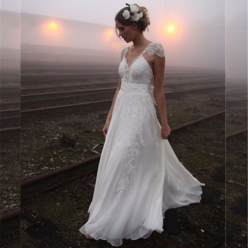 

Bohemian Beach Vintage Wedding Dresses V-neck Beading backless Sheer Lace Cheap Plus Size Country Bridal Party Gown, Champagne