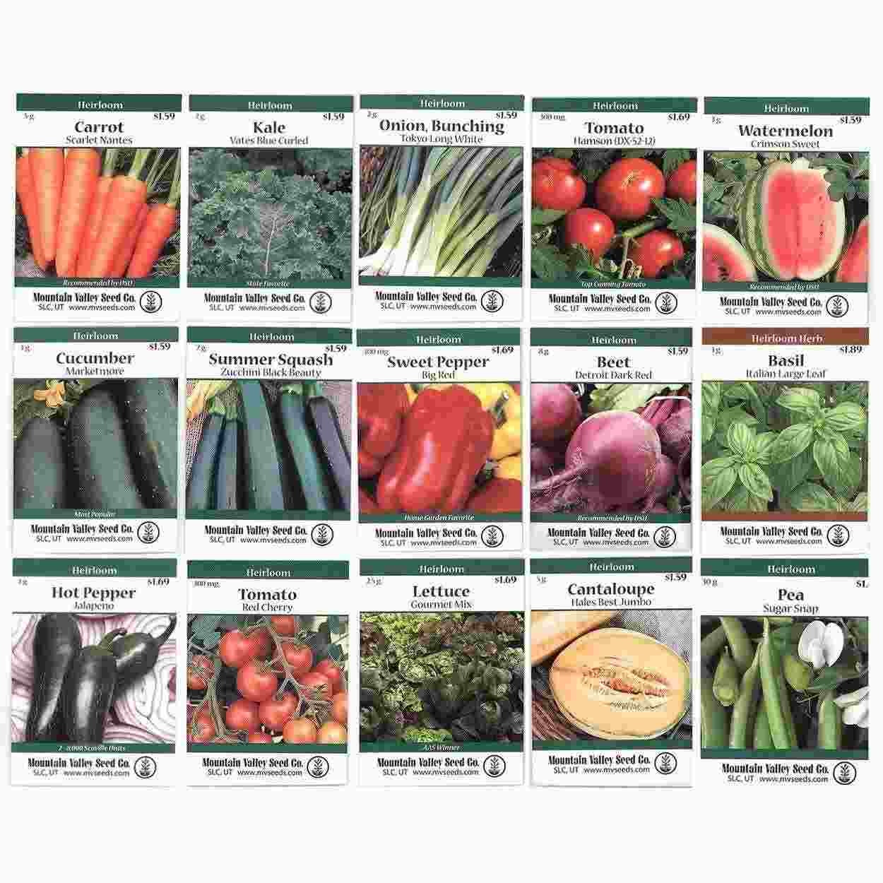 

Heirloom Vegetable Garden Seed Collection Assortment of 15 Non-GMO, Easy Grow, Gardening Seeds: Carrot, Onion, Tomato, Pea, More