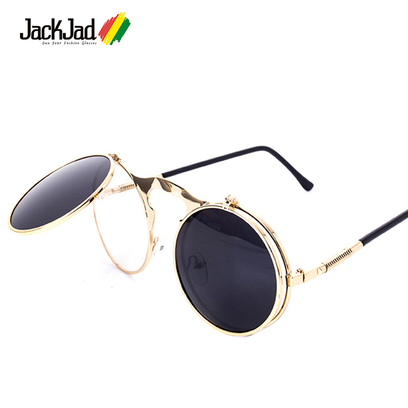 Gold Flip up Circle Steampunk Glasses Goggles Cyber Round Sunglasses UK Black