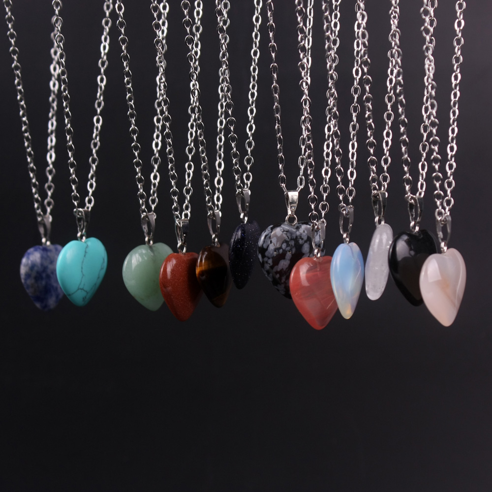 

Wholesale- 2016 Girl Fahion Women's 20mm Natural Turquoise Agate Tiger's Eye Opal Stone Heart-shaped Pendants Necklace