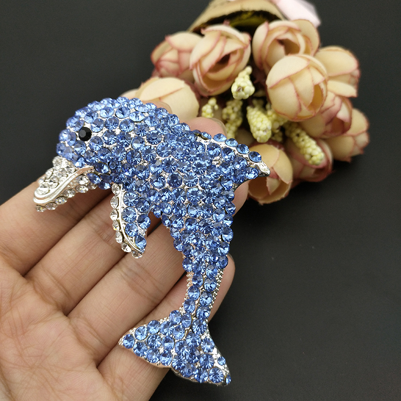 50pcs 76mm Cute Dolphin Fish Brooch Pin Silver Tone Blue and Clear Rhinestone Crystal Brooches Ocean Animal Pins For Women-image-399708358