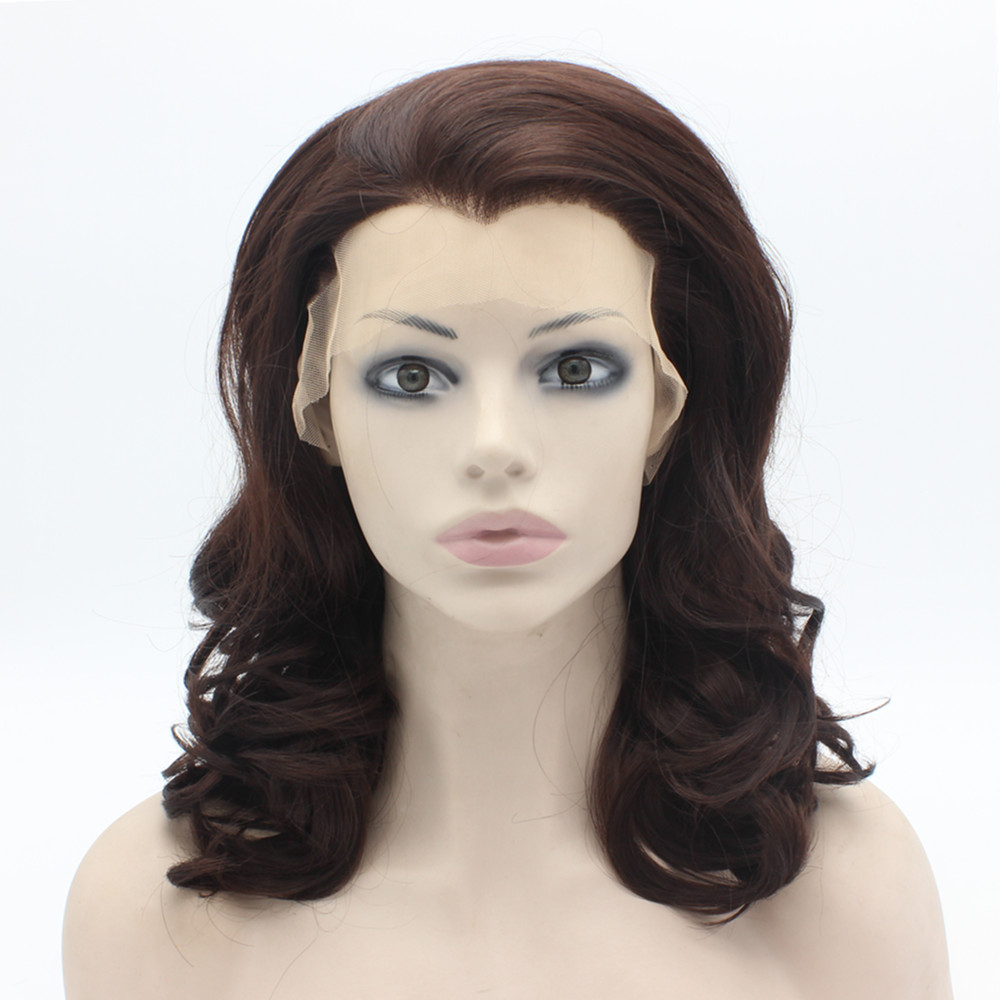 

16" #33 Dark Auburn Wavy Heavy Density Heat Friendly Synthetic Hair Front Lace Wig