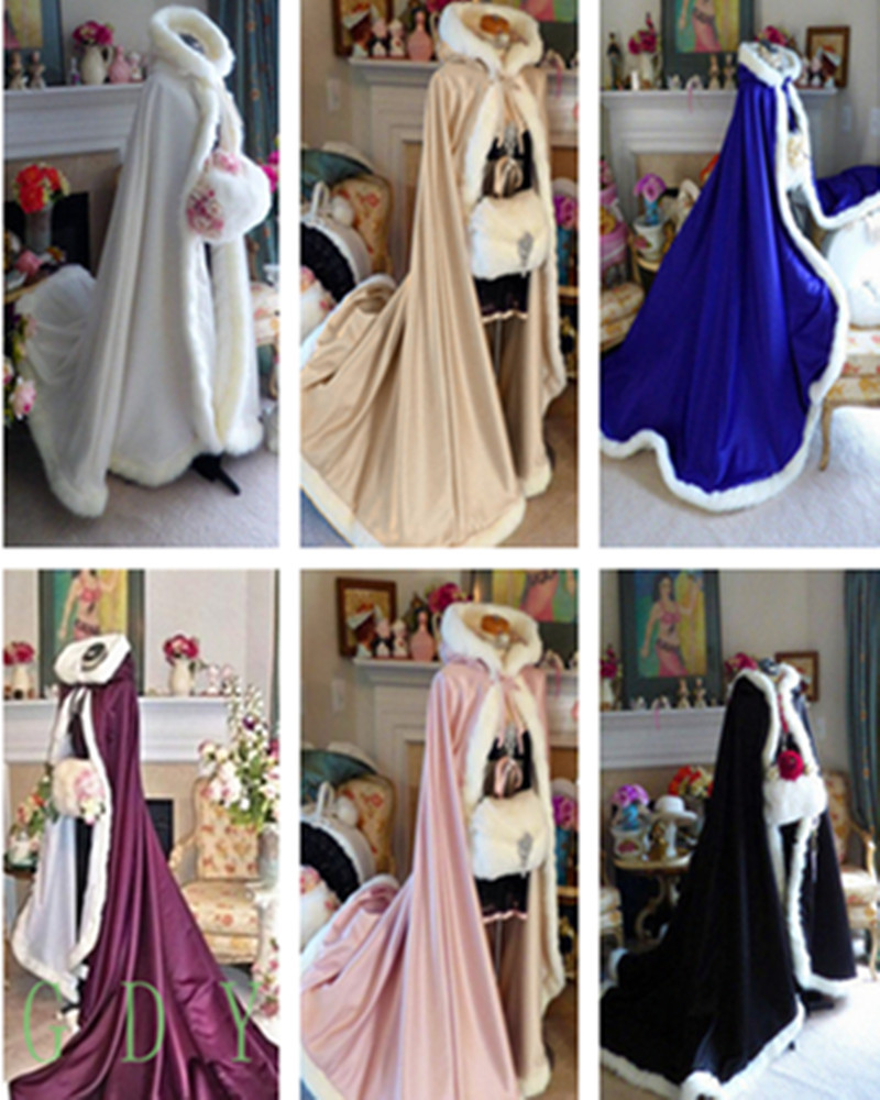 

High Quality Winter Bridal Cloak Jacket Long Cape Tippet Shawl Coat Bolero Fabric Custom Made With Faux Fur Chapel Train White, Orange