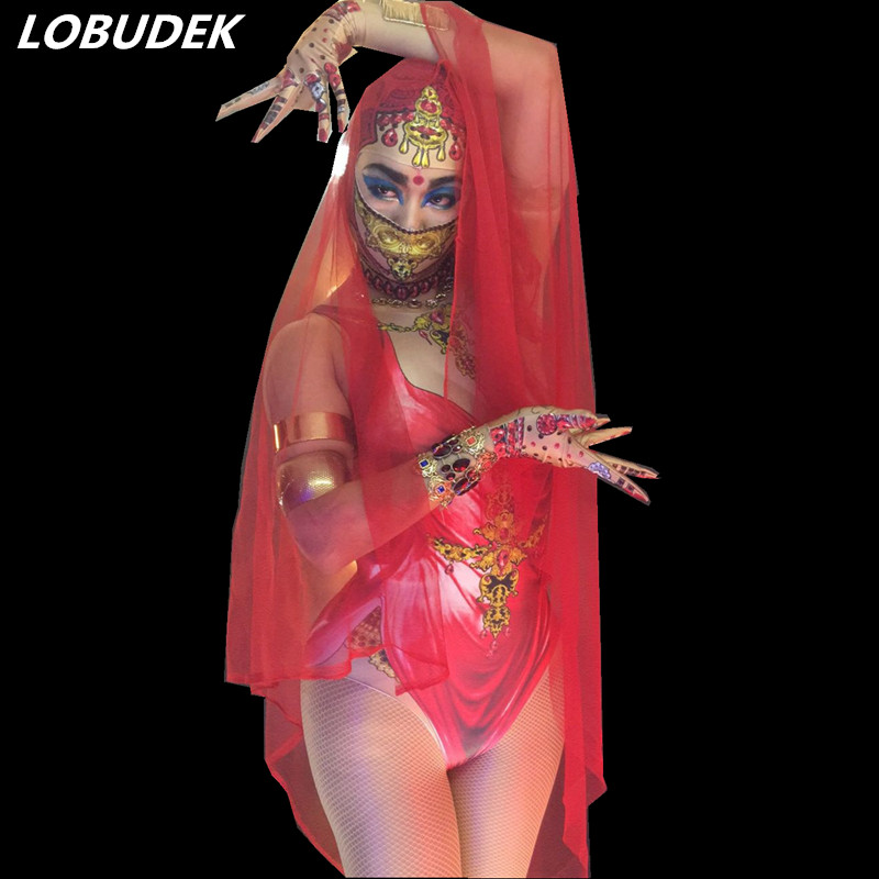

Red Rose flower printing sexy bodysuit India dance teams performance costumes Nightclub Bar singer jazz dj show Stage Catwalk Leading dance