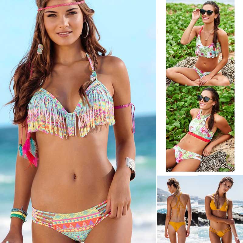 

2017 new arrivals tassel bikini summer beach flowers print swimwear women bikini lady top quality HOT Slim Bottom Tankini Swimwear 6 colors