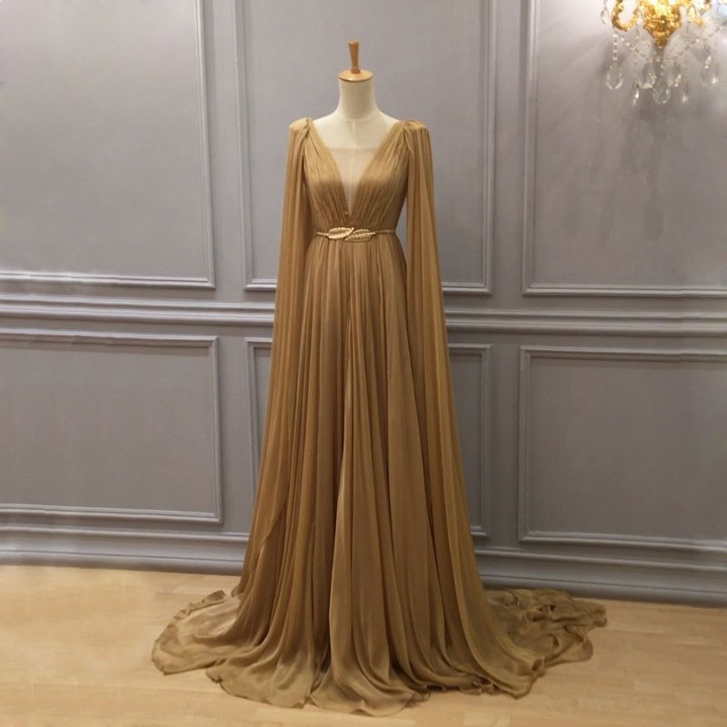 

Gold Chiffon Arabic Formal Dresses Evening Wear Plunging Neck Special Occasion Gowns Dubai A Line Pleated Floor Length Prom Dress