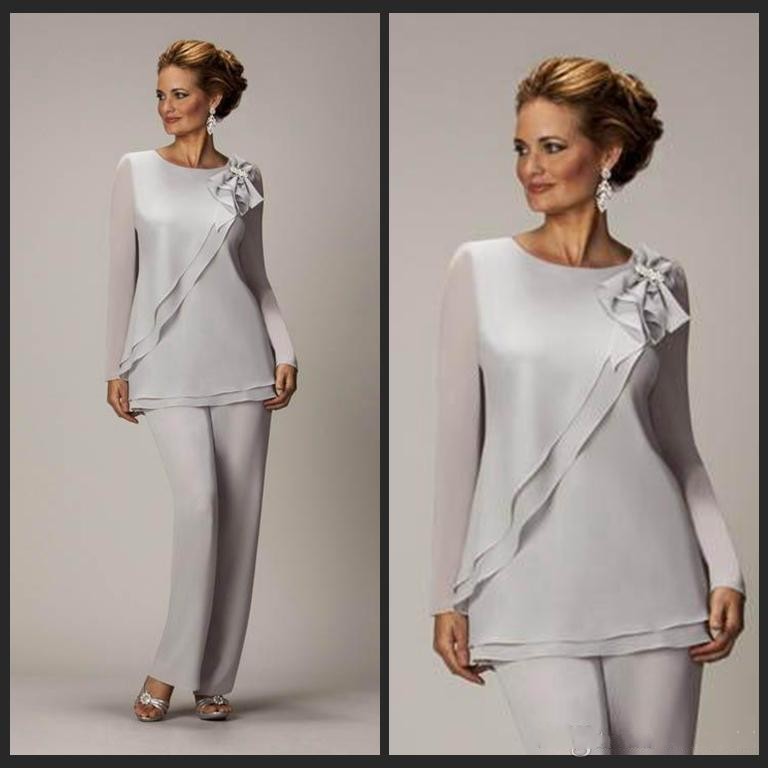

Cheap Two Pieces Mother Of The Bride Pants Suit For Weddings Chiffon Mother's Groom Pantsuits Long Sleeve Women Outfits