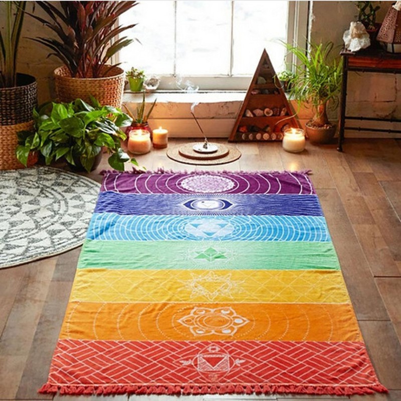 

Wholesale- Rainbow Stripes Scarf Bohemia Wall Hanging India Mandala Blanket 7 Chakra Colored Tapestry Summer Boho Beach Towel Yoga Mat, Blue;gray