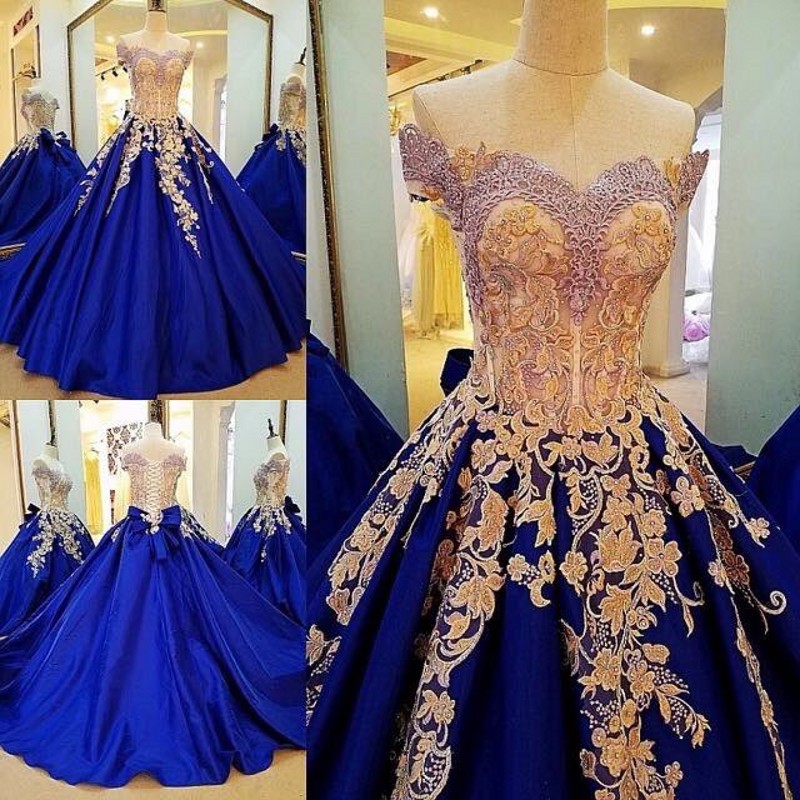 

Vintage Prom Dresses Gold Lace Appliques Royal Blue Evening Gowns Lace Up Back Off The Shoulder Formal Party Vestidos Custom Made