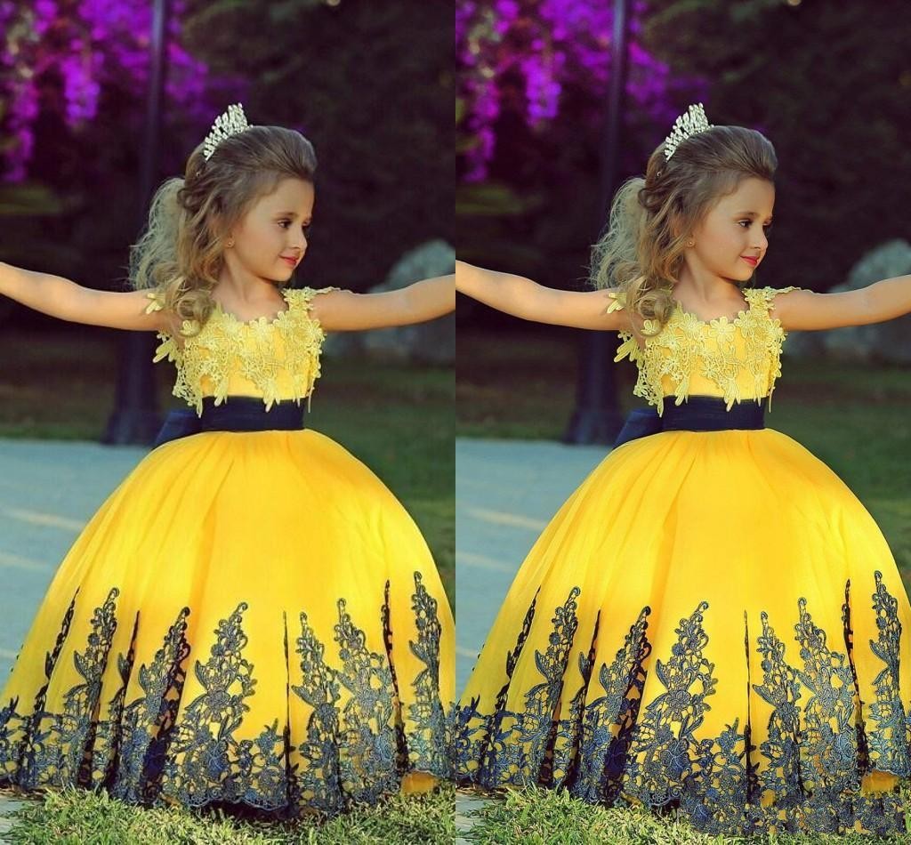 2019 Yellow Ball Gown Girl Pageant Dresses With Navy Sash Lace Applique Custom Wedding Flower Girl Prom Party Gowns