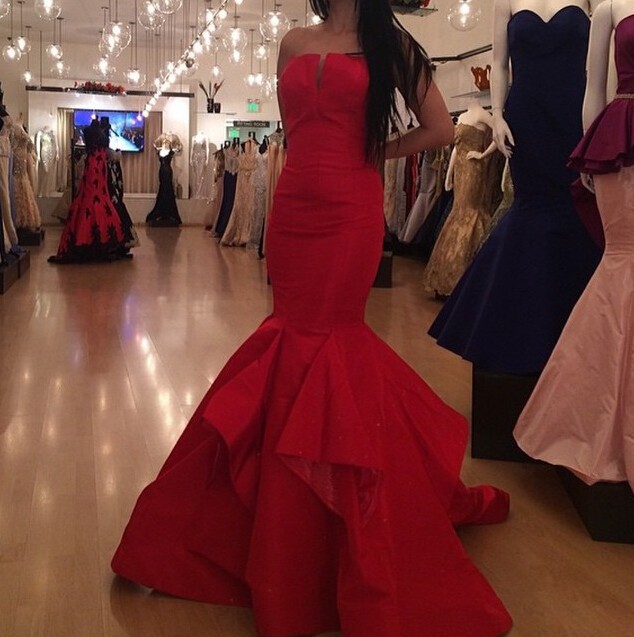 red mermaid prom dress with ruffle bottom