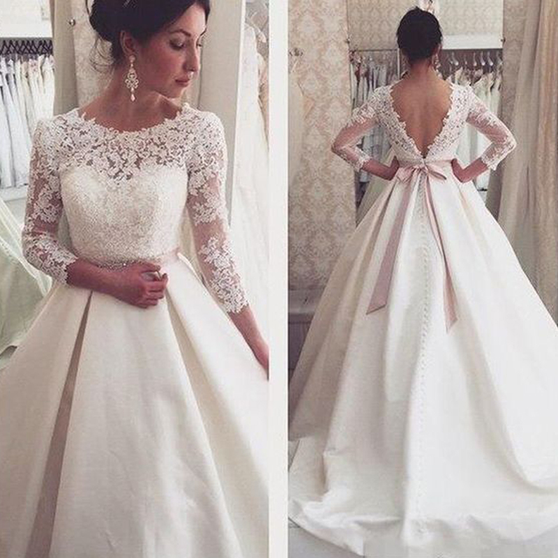 

Modest Wedding Dress Illusion Sleeves Sheer Bateau Neck Lace Appliqued Top Backless Wedding Dresses Modern Bridal Gowns with Bead Sash, Custom made from color chart