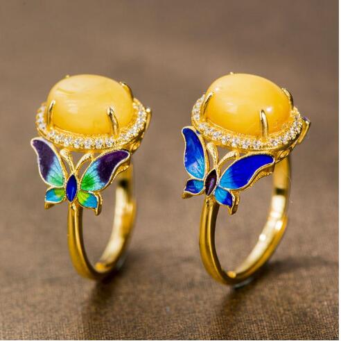 

Cloisonne Silver Ring Silver Butterfly Ring beeswax Shaolan Folk Style Crystal Butterfly female ring opening