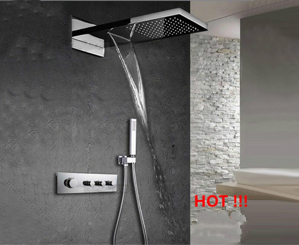 550X230mm Brass Square Ceiling Monsoon shower thermostatic valve European style in-wall mounted concealed shower set 8002-image-400099238