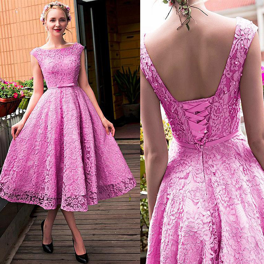 

Exquisite Lace Bateau Neckline A-line Homecoming Dresses With Beadings Ankle Length Red Lace Cocktail Dresses Prom Dresses, Water melon