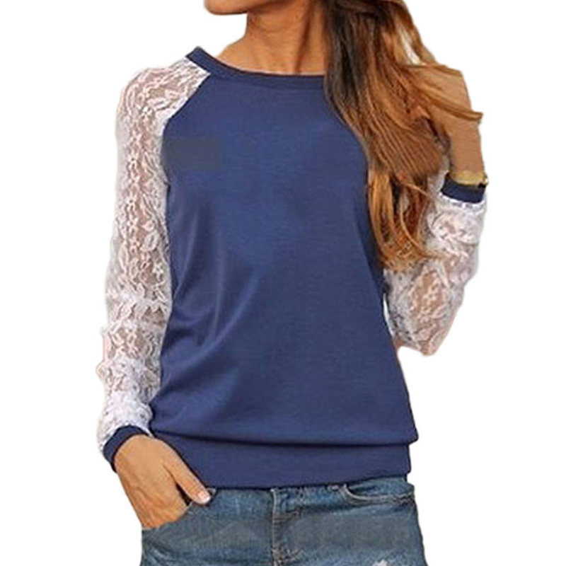 

Wholesale- 2015 Fashion Autumn Women Sexy Lace Floral Long Sleeve Patchwork Loose T-Shirt Tops Cotton Sweatshirts Pullover Blusas, Black