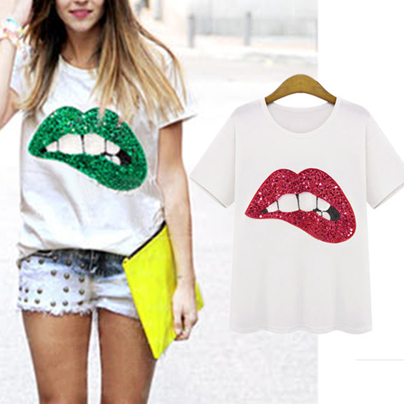 

New Casual T-shirt Vestidos Printed Red Lips Green Lips Girls's Women's T-shirts Summer Short Sleeve Loose Top Tee Shirt, Red mouth