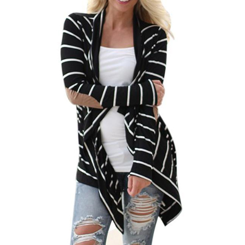 Wholesale-Fashion New Women Cardigans Black White Striped Elbow Patching Long Knitted Cardigan 2016 Autumn Winter Women Slim Sweater Coat