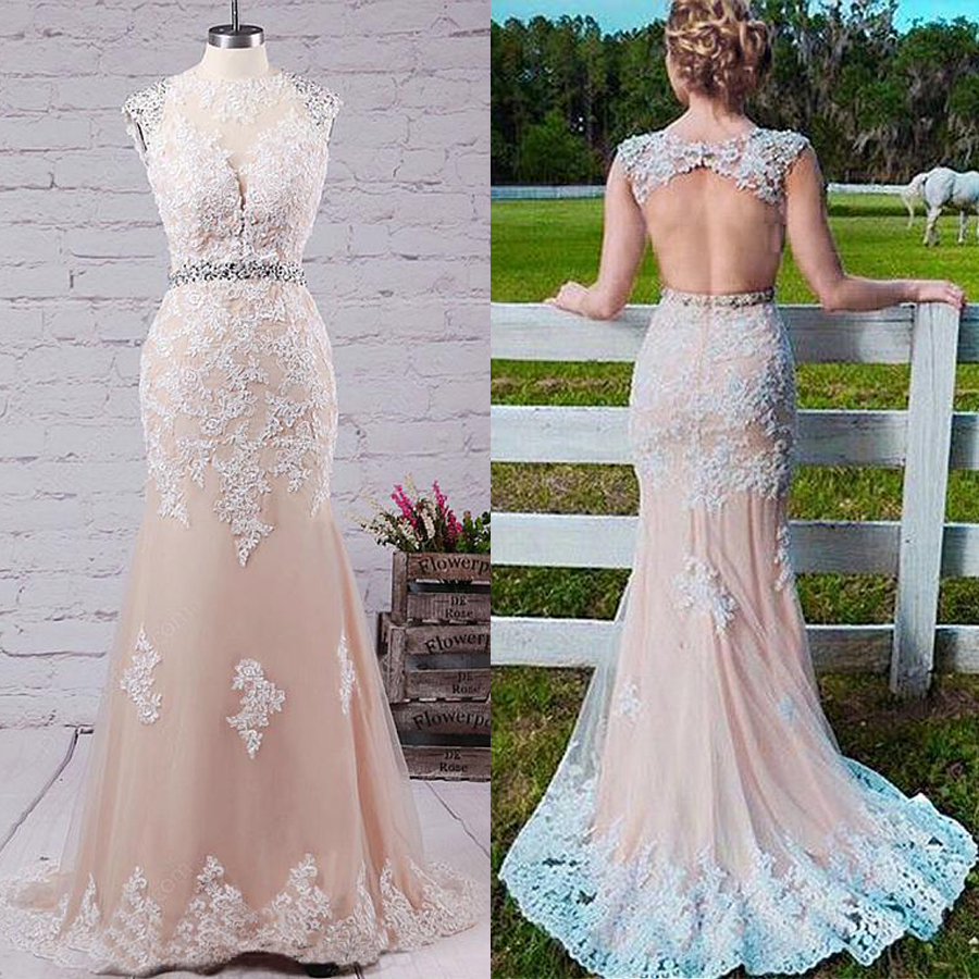 

Romantic Tulle Jewel Neckline Sheath / Column Prom Dresses With Blue Lace Appliques Beading Sash Evening Dress vestidos de fiesta baratos, Royal blue