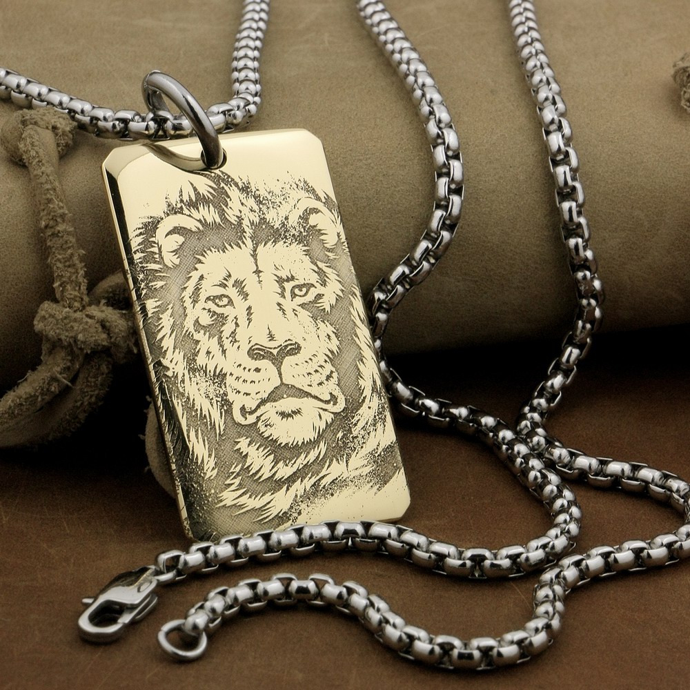 

LINSION High Detail Laser Deep Engraved Brass Lion King Pendant Biker Rock Punk Style 9X025B Steel Necklace 24 inches
