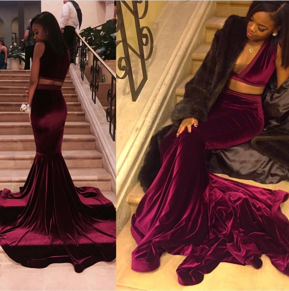 Sexy V Neck Velvet Burgundy Two Piece Prom Dresses 2020 Black Girls African Court Train Long Mermaid Prom Dresses Party Gown