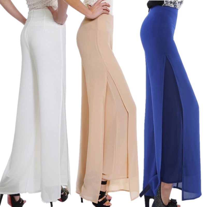 Women Ladies Vintage Loose High Waist Long Trousers Chiffon Side Split Casual Palazzo Pants Wide Leg Pants pantalones-image-401311721