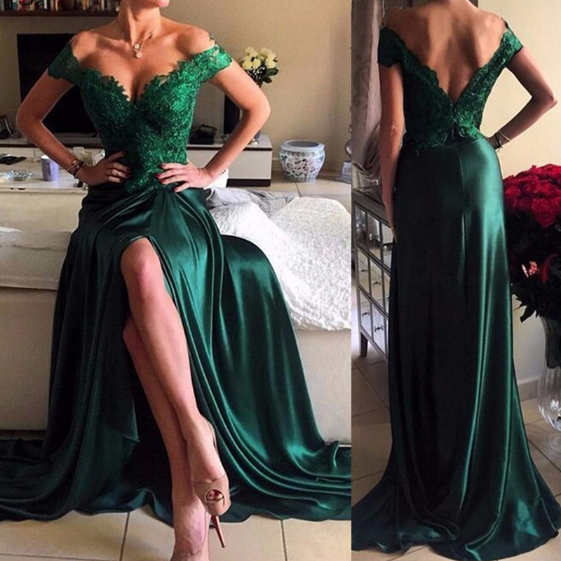 

New Arrival Real Sample Evening Dress Long Dark Green Sexy Split Design Satin Evening Party for Women Vestido De Festa Custom Made, Black