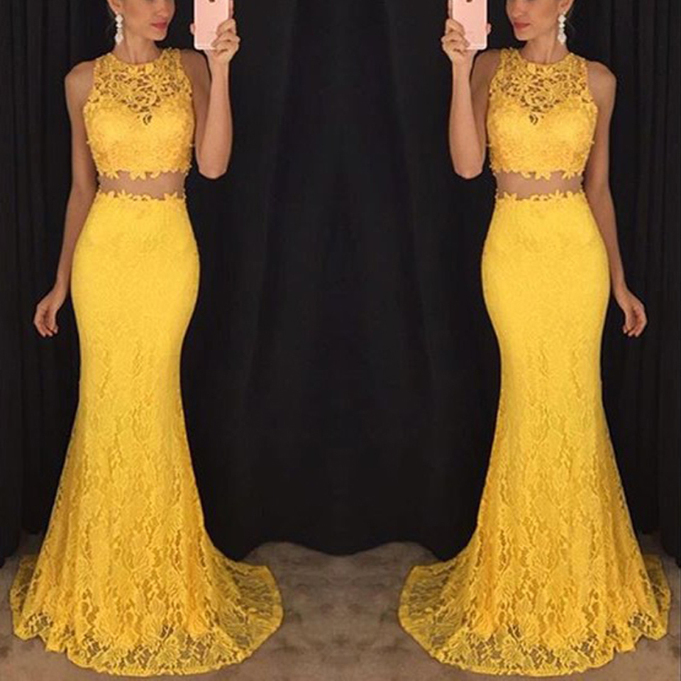 Sexy Yellow Two Piece Mermaid Evening Dresses Sleeveless Full Lace Formal Prom Party Dresses For Gowns 2016 Custom Made