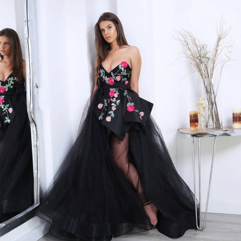 

Black Split Side Peplum Prom Dresses Appliques Strapless Neck A Line Party Dress Tulle Custom Made Evening Gowns, Hunter green
