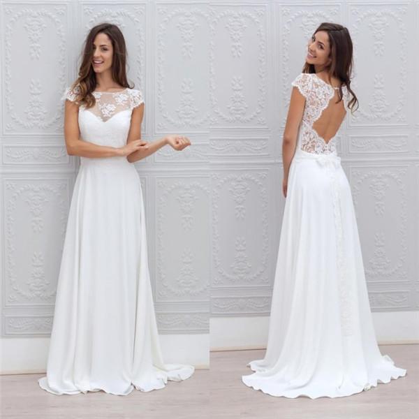 

Simple A Line Beach Wedding Dresses Sheer Lace Appliques Scoop Open Back Capped Sleeves Floor Length Chiffon Bridal Wedding Gowns, Black