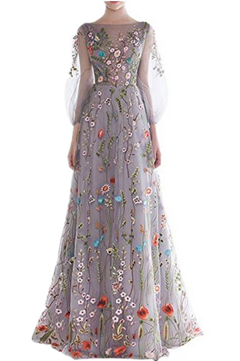 

3/4 Long Sleeve 2019 New Colorful Women's Long Sleeve Evening Dresses Floral Embroidered Formal Pageant Gowns Hot Summer Special Occasion, Black;red