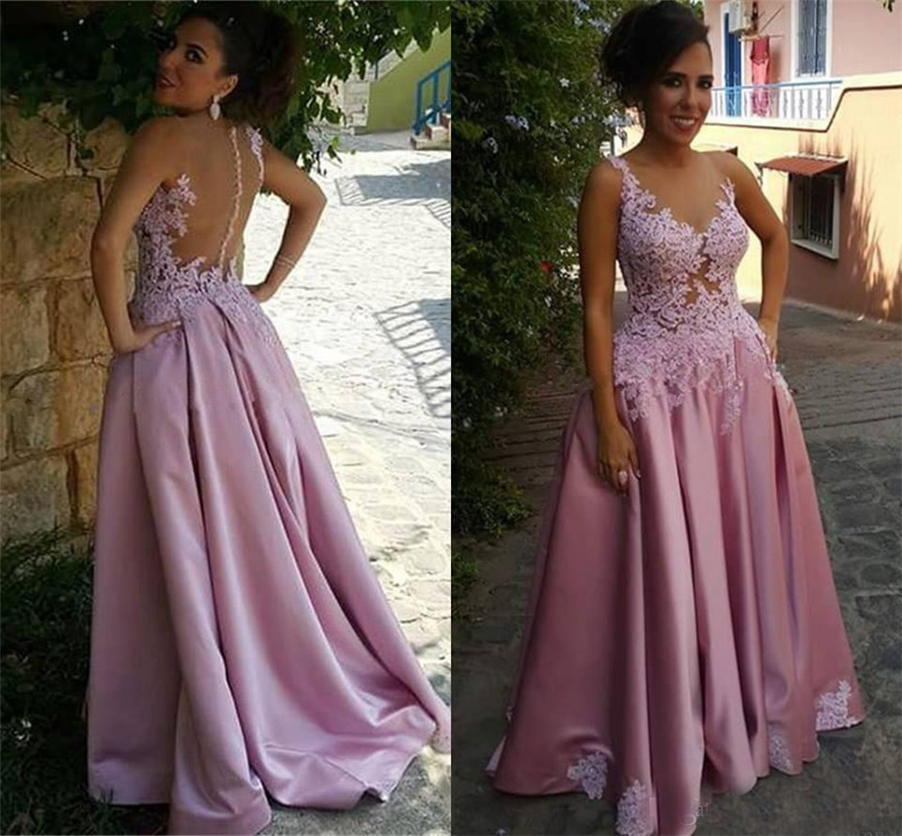 

Sexy Illusion Back Floor Length Dresses Evening Wear Party Gowns Delicate Pink A Line Sleeveless Appliques Prom Dresses With Buttons, Chocolate