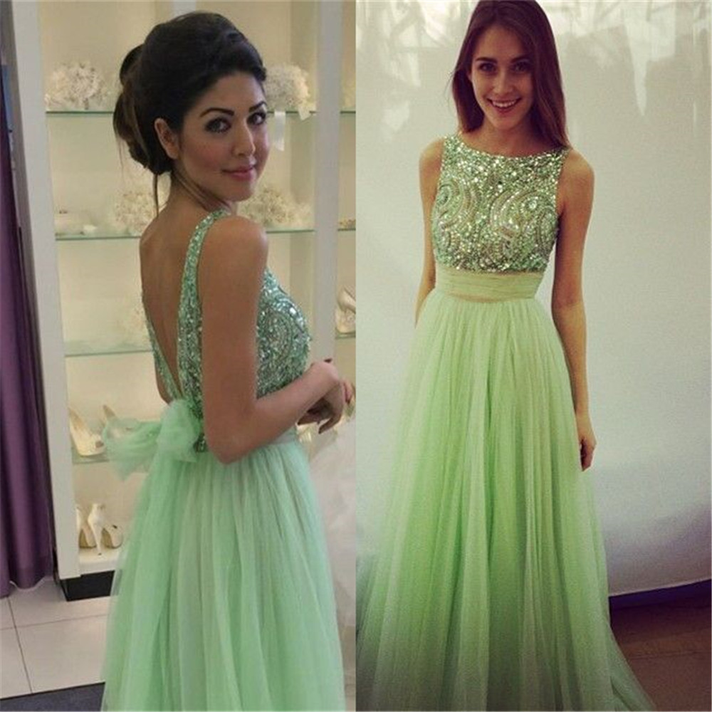 

Delicate Crystals Tulle Prom Dress Bowknot A-line Mint Green Beading Evening Dresses Open Back Party Gowns, Same as picture