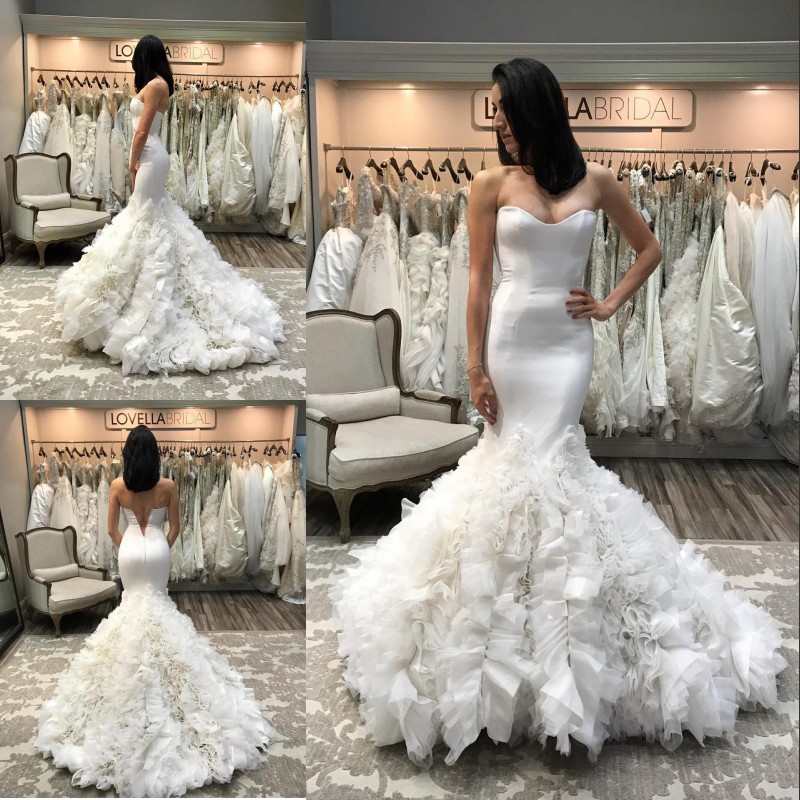 

gorgeous ruffled mermaid wedding dresses strapless neck bridal gowns sweep train trumpet satin wedding dress, Gold