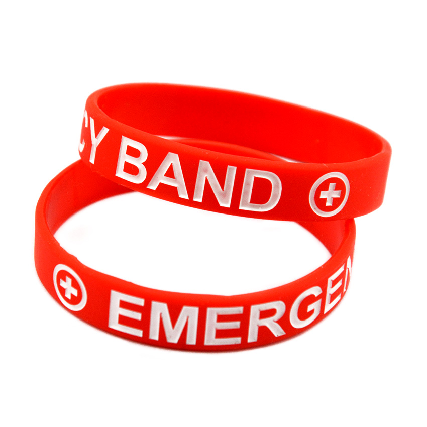 

100PC Emergency Band Silicone Bracelet Ink Filled Logo Great to Used In School Or Outdoor Activities
