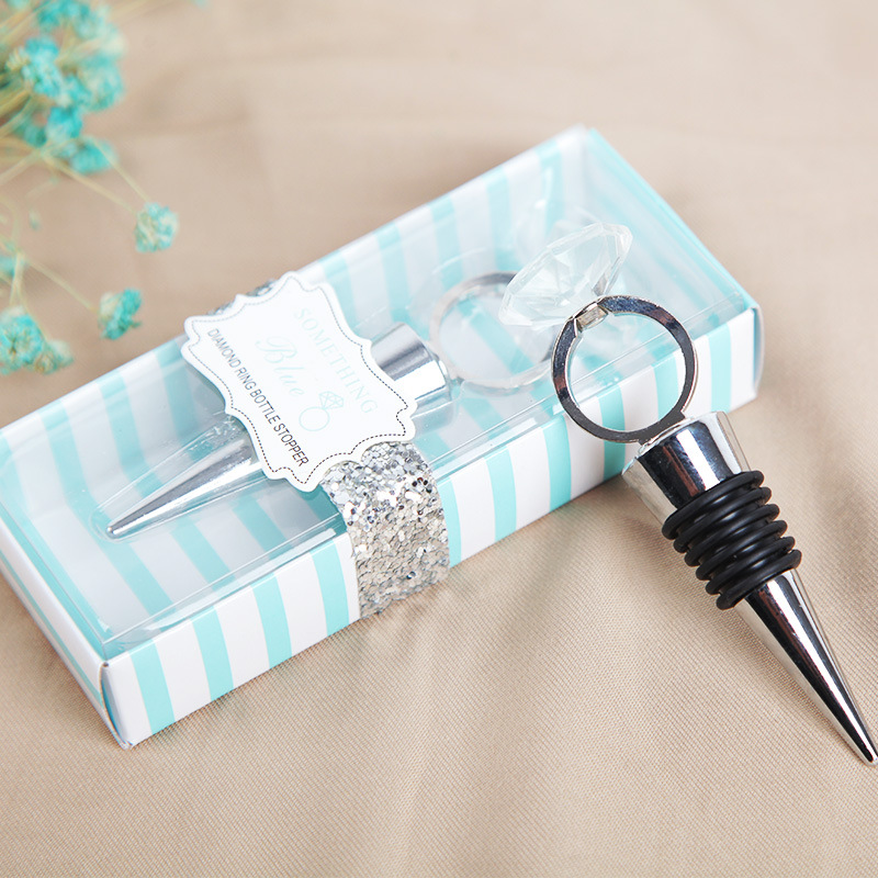 

Wedding Favor Crystal Diamond Ring Wine Bottle Stopper For Birthday Bridal Baby Shower Party Gifts Blue Box Packing