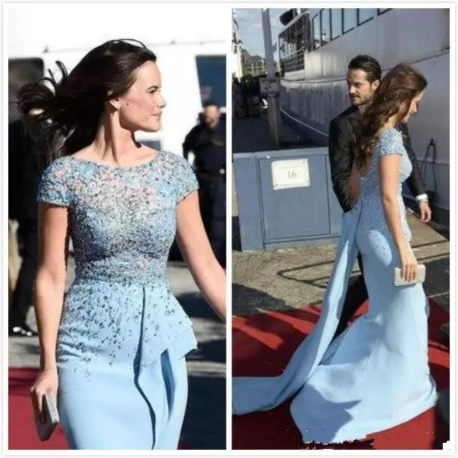 

Zuhair Murad Celebrity Evening Dresses Sequins Beaded Cap Sleeves Mermaid Prom Gowns Arabic Lace Top Split Formal Party Gowns, Royal blue