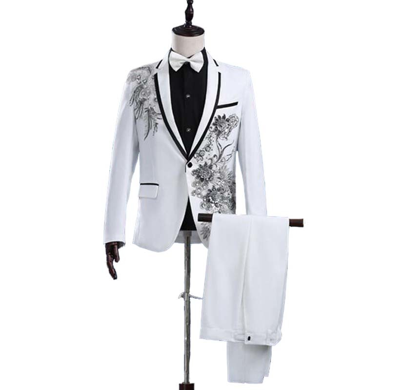 

Wholesale- ( Jacket + Pants) New White Paillette Flower Stage Show Chorus Man' Suit Moderator Clothing Mens Prom Suits, Beige