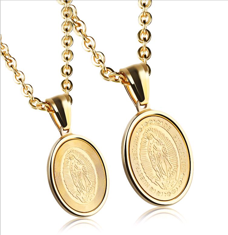 

Stainless Steel Virgin Mary Pendant Necklaces for Couple Fashion Carved Letter DE GUADALUPE Religious Jewelry Women Men