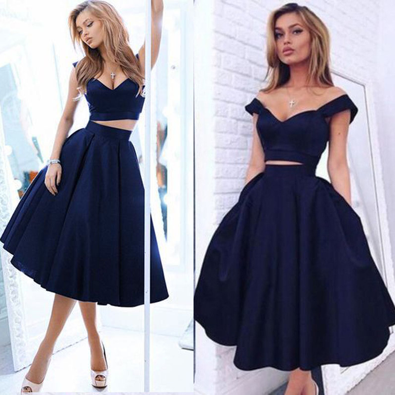 

Elegant Navy Blue A Line Sweetheart Satin 2 pieces Short Party Dress Formal Tea Length Graduation Prom Gowns Robe De Cocktail, Same as picture