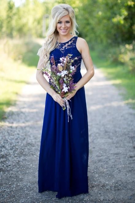 Cheap Country Bridesmaid Dresses 2018 New For Weddings Jewel Neck Chiffon Lace Navy Blue Party Floor Length Hollow Back Maid Honor Gowns