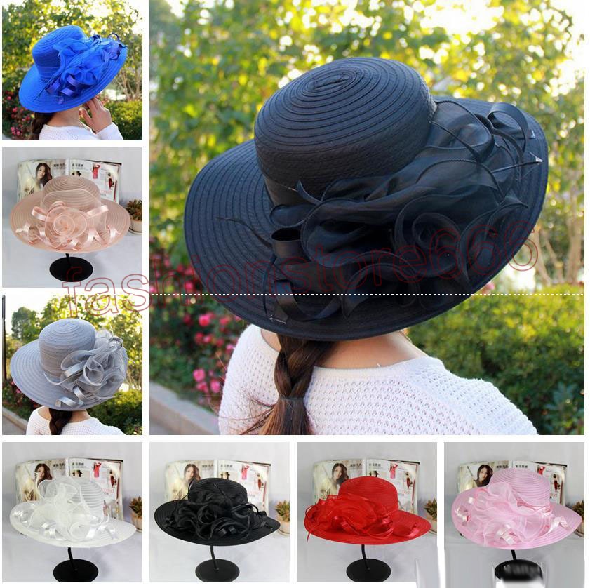 

New womens Kentucky Derby Wedding Church Party Floral Hat elegant wide brim sun summer hats Organza Hats for women 7 colors top quality, 7 colors for choose