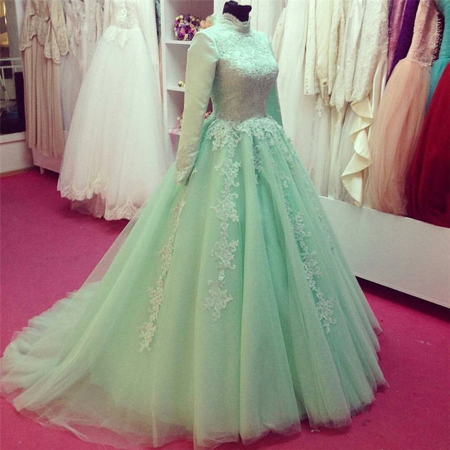 

High Nneck Long Sleeves Muslim Arabic Wedding Dresses Vintage Customized Made Design Bridal Gowns vestido de noiva de renda, Pink