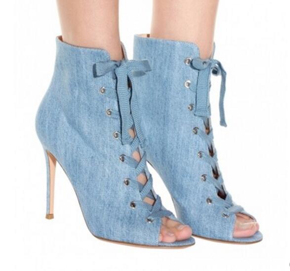 

2017 fashion light blue denim boots lace up ankle booties peep toe sandals boot mujer botas party shoes sext thin heel high heels, Multi