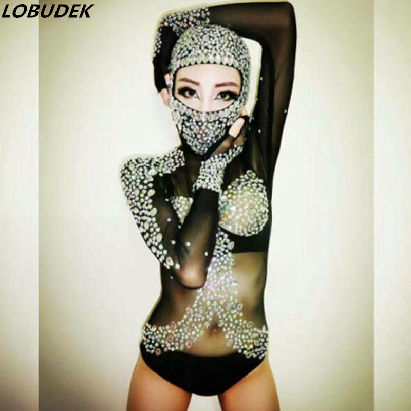 Bright crystals sexy Rhinestones bodysuit Full Diamond performance Leotard Female costumes DJ show Singer Dance Nightclub star stage wears-image-404393294
