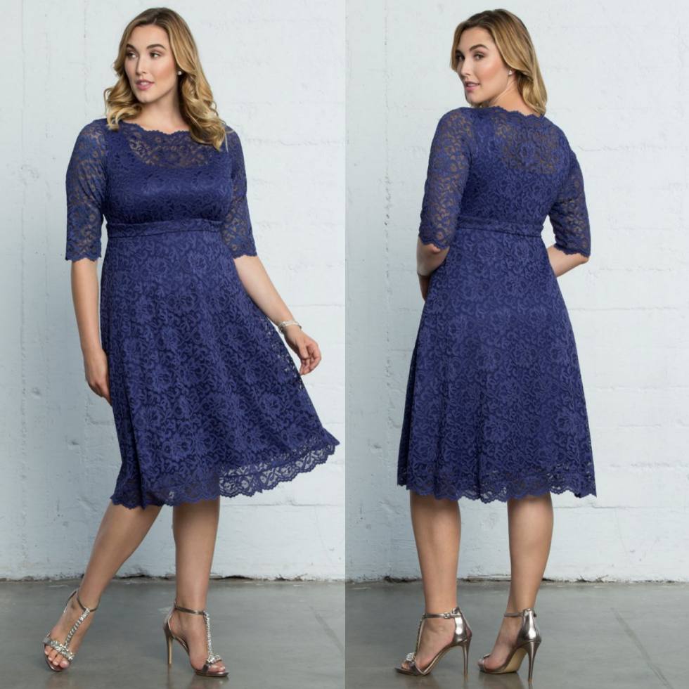 

Navy Blue Plus Size Lace Formal Dresses With Half Sleeves Sheer Bateau Neck Knee Length Evening Gowns A-Line Cheap Short Prom Dress, White
