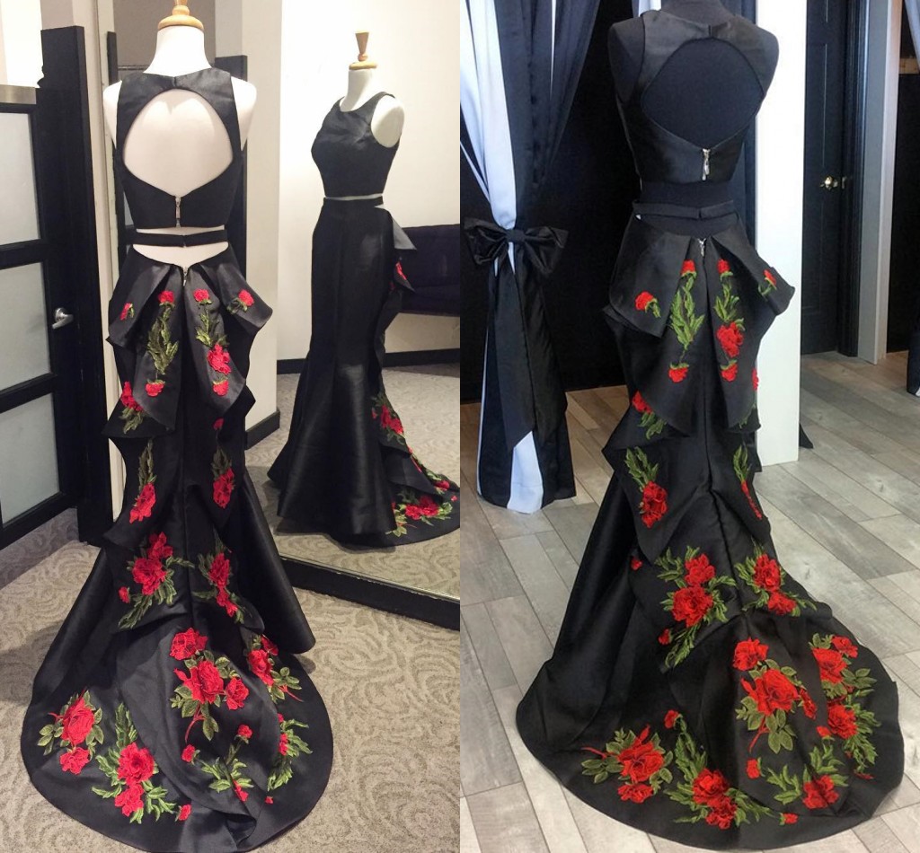 Two Piece Black Mermaid Prom Dresses Scoop Sleeveless Embroidered Satin Backless Long Party Dresses Graduation Homecoming Dresses