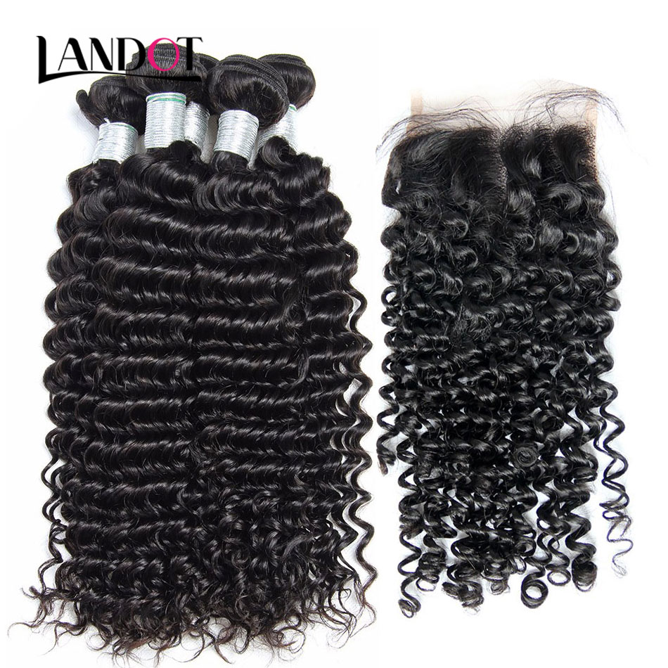 

Brazilian Curly Virgin Human Hair Weaves 4 Bundles with Lace Closures Peruvian Malaysian Indian Mongolian Deep Jerry Curly Hair Extensions, 3 way part closure