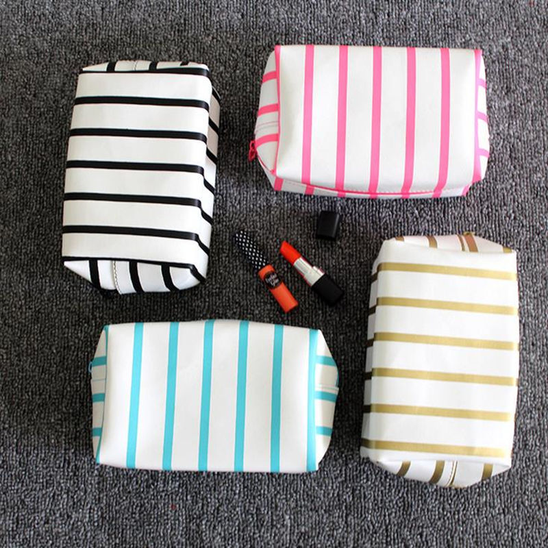 

Cosmetic Bag Small Stripe Makeup Bag Black Gold Toiletry Bag Women Travel Organizer Make Up Vanity Case F20172015