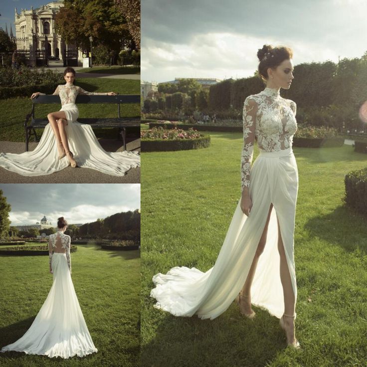 

Designer Bohemian Wedding Dresses High Neck Illusion Top Lace Floral Country Bridal Gown Front Slit Lace Long Sleeve Berta Bridal 2018 Robe, Black & white